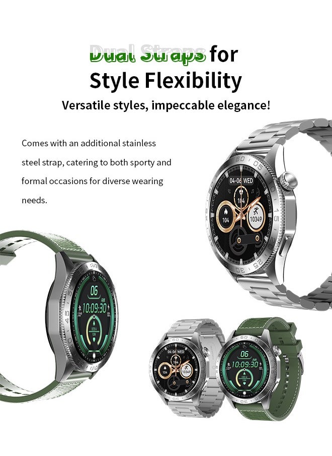 Korean Brand Smart Watch ST20，Business Smartwatch, Waterproof Fitness Watch, Bluetooth Calling, Compatible with Android and iOS,Smartwatch For Men, Zinc Alloy Vacuum Plating, Heart Rate Monitoring，border is silver, two-tone straps with green and silver