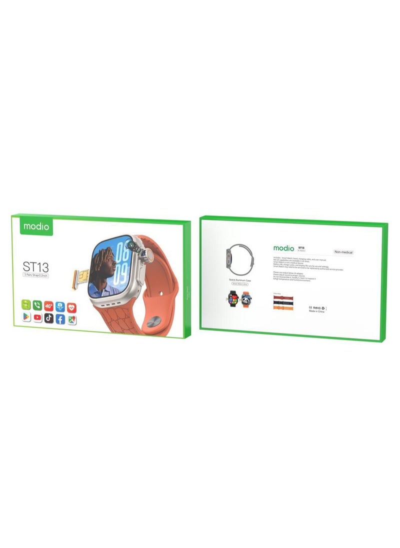 Modio ST13 Smart Watch With 2.2 Inch Full Screen Display Sim Card Slot and 3 Pair Straps and Charging Cable Designed For Ladies and Gents