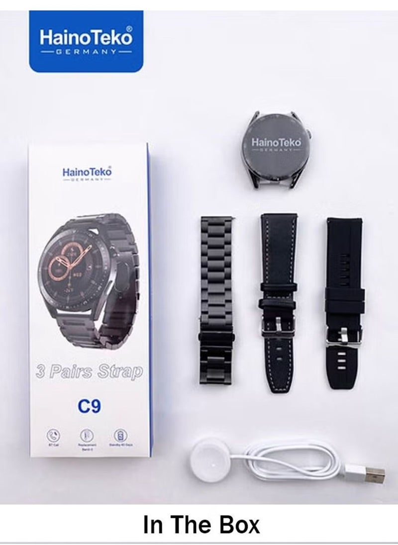 Haino Teko Germany C9 Smart Watch with 3 Pairs Strap and Wireless Charger For Men's Black