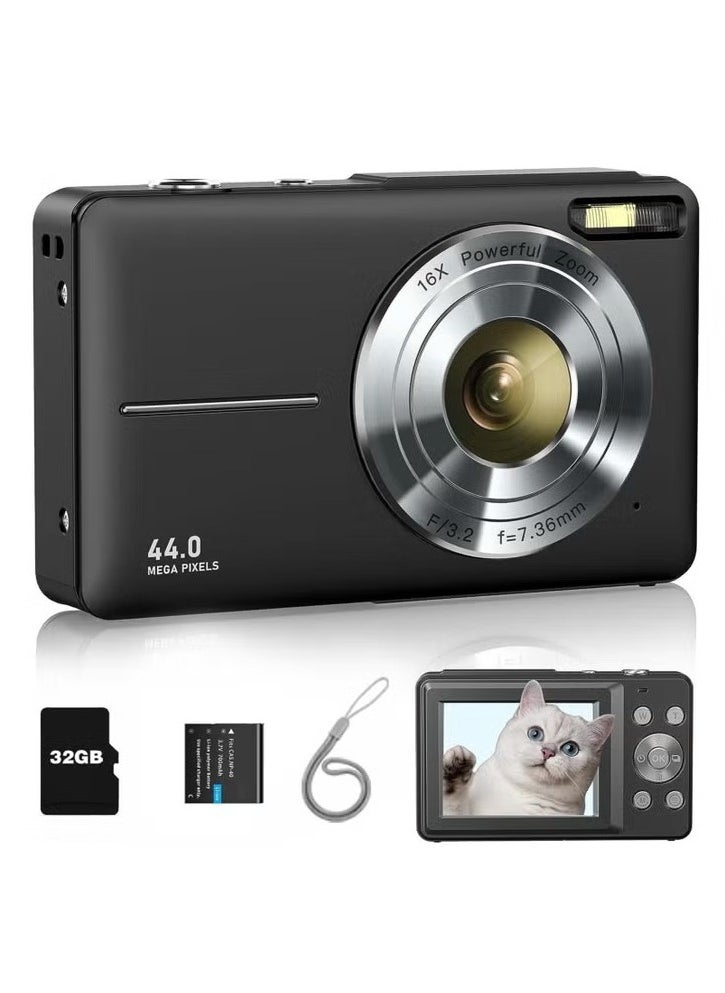 Digital Camera, FHD 1080P Kids Camera 44MP Point and Shoot Digital Camera with 32GB SD Card, 16x Zoom, Lanyard, Small Compact Camera for Kids Boys Girls