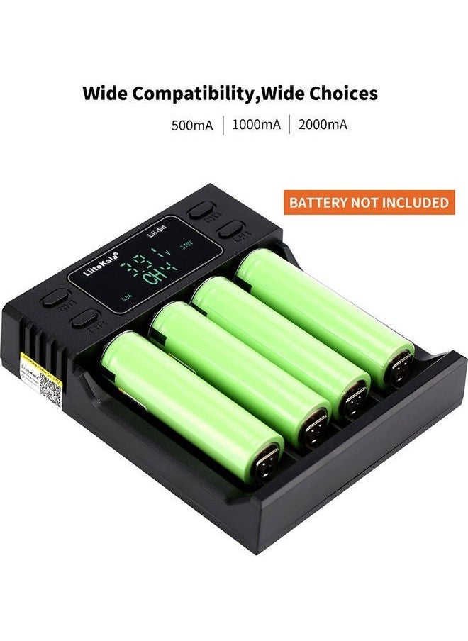 4 Slot Auto-polarity Detector LII-S4 Battery Charger  AAA Lithium NiMH Batteries Black，Display Included Car Power Cords Touch on Fast Charge for Rechargeable Batteries