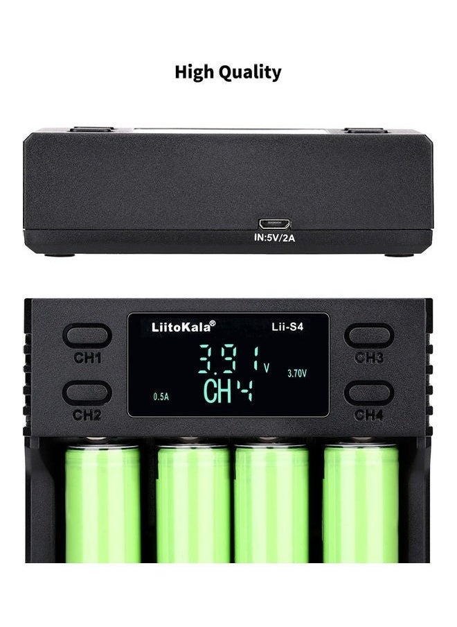 4 Slot Auto-polarity Detector LII-S4 Battery Charger  AAA Lithium NiMH Batteries Black，Display Included Car Power Cords Touch on Fast Charge for Rechargeable Batteries