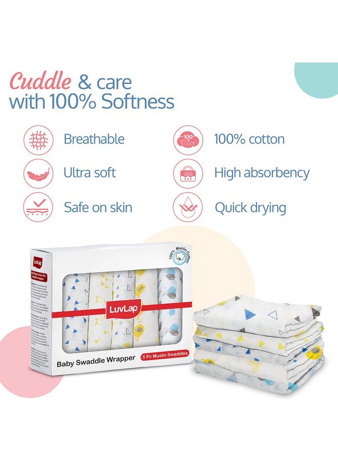 100% Cotton Muslin Baby Swaddle Set, Pack Of 5, Size-120Cm X 100Cm (47