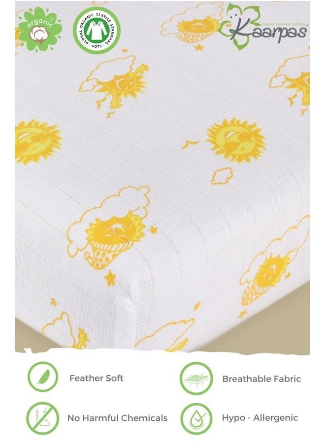 Baby Premium Organic Cotton Muslin Elastic Fitted Cot Bedsheet Crib Sheet With Sky Theme Of Sun Orange, Yellow (Size : 132 X 70 X 20 Cm) 1 Unit