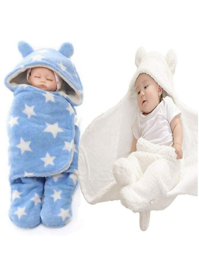 Baby Boy'S And Baby Girl'S Hooded Wearable Baby Blanket Cum Baby Wrapper Blanket Combo Of 2 (White, Blue, 0-6 Months )