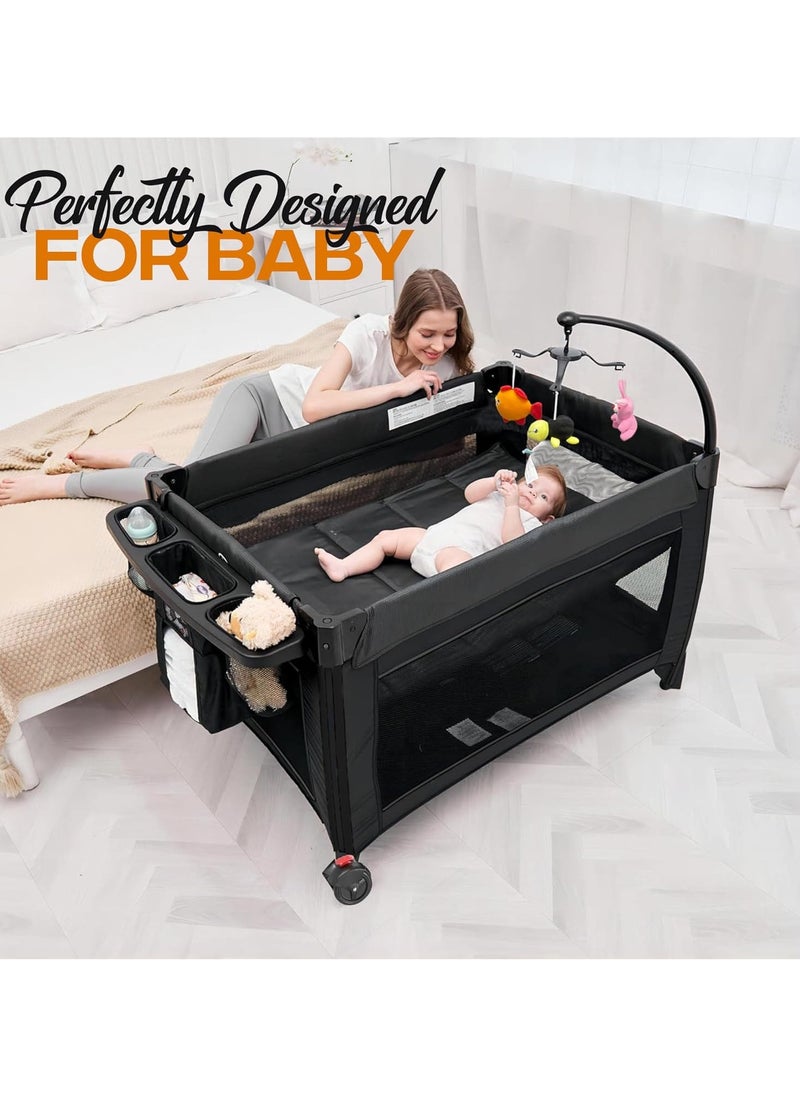 Baby Bed, Foldable Baby Bedside Sleeper & Playard, 5 in 1 Baby Bassinet & Crib, Travel Nursery Center With Toys & Music Box,Baby cot & Playpen Newborn Diaper Changing Table