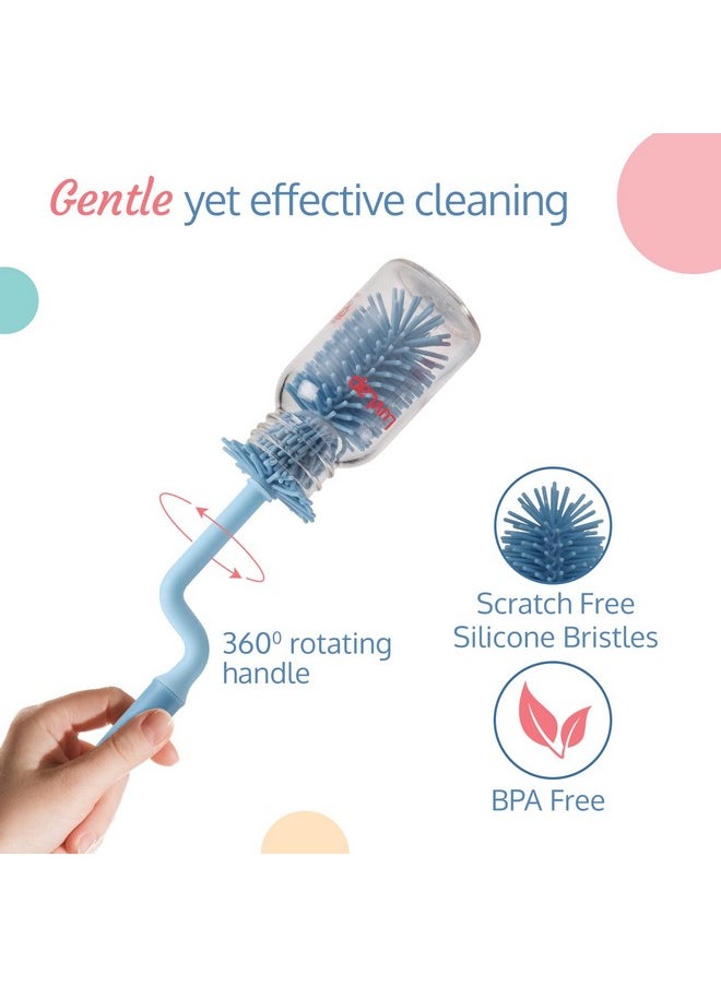 360° Movable Silicone Bristle Baby Feeding Bottle Cleaning Brush & Nipple Cleaner, Ergonomic Handle, Easy To Clean Bottle Corners For Narrow Neck & Wide Neck Feeding Bottles, Blue