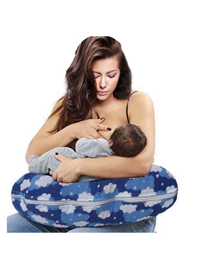 5In1 Baby Feeding Pillow With 100% Cotton Detachable Cover | With Belt And Baby Hoop | Breastfeeding Pillow | Nursing Pillow (Blue Clouds)