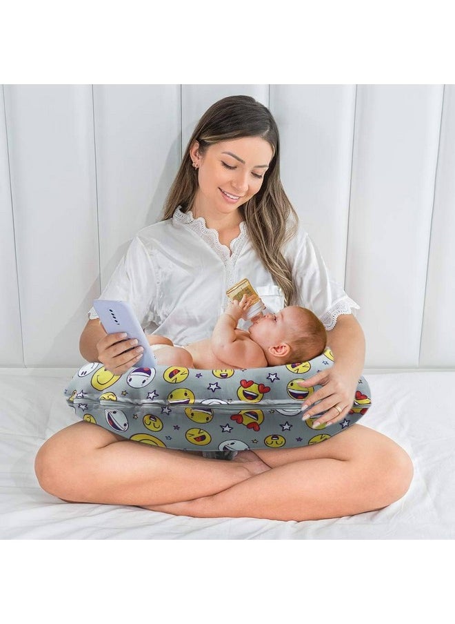 5In1 Baby Feeding Pillow With 100% Cotton Detachable Cover | With Belt And Baby Hoop | Breastfeeding Pillow | Nursing Pillow (Smiley)