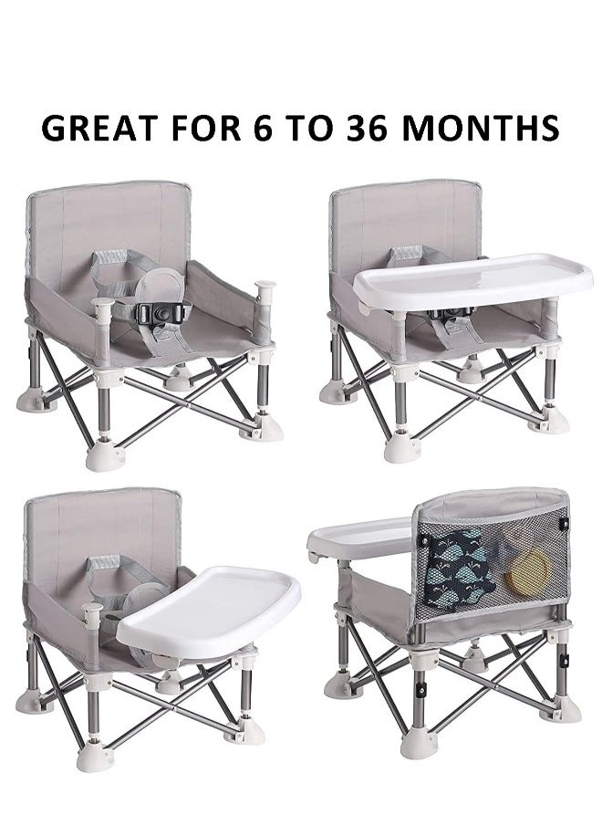 Baby Travel Booster Seat, Toddler Dining Chair with Removable Dining Tray, Portable Baby Seat for Feeding, Playing, Beach, Picnic (Grey)