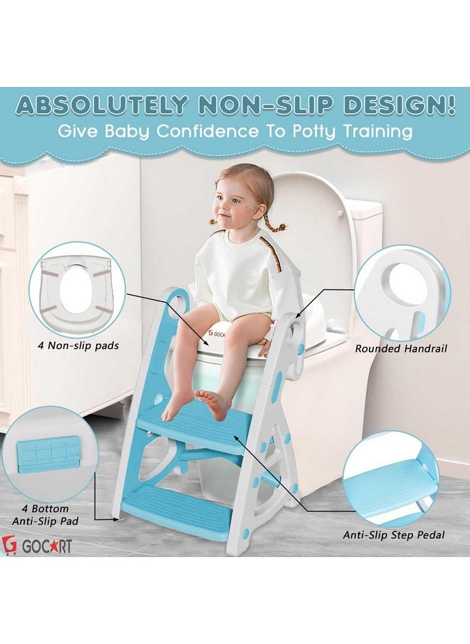 Baby Toilet Seat 2 In 1 With Step Stool, Triangle Stand, Children'S Pu Padded Toilet Seat With Stairs (Sky Blue)