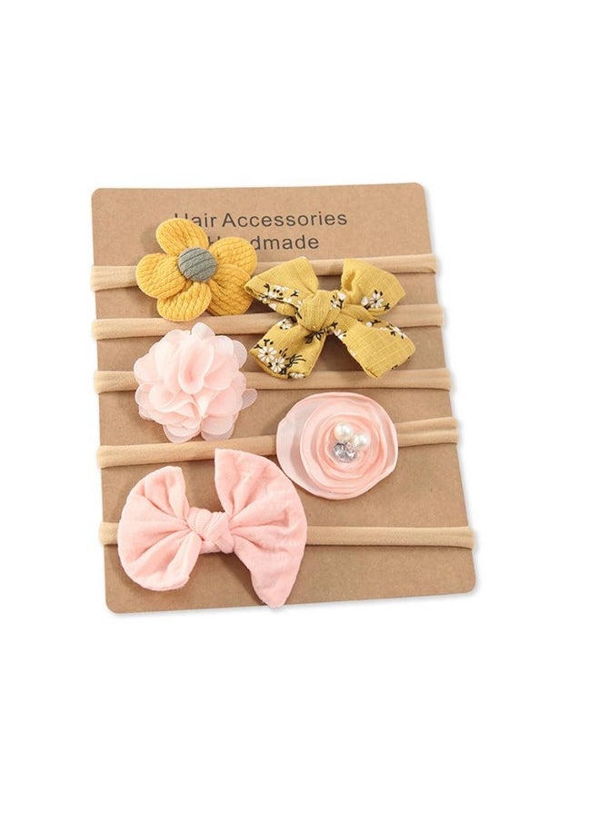 Baby Hair Band 5 Pcs Hairband For Baby Girl Flower Hairband For New Born Baby Girl 0-6 Months (Yellow + Pink)