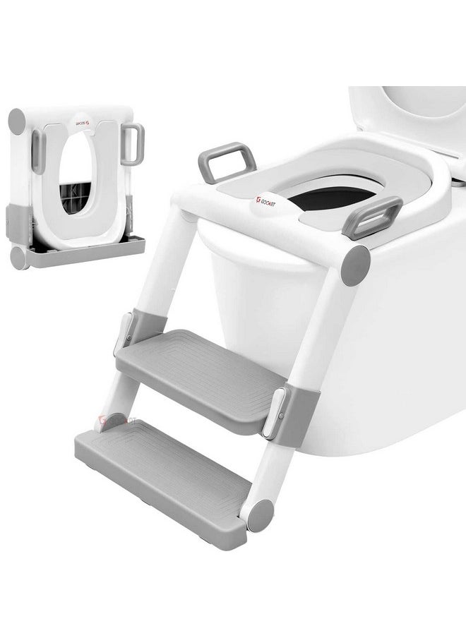 Baby Foldable Potty-Trainer Seat For Toilet Potty Stand With Ladder Step Up Training Stool With Non-Slip Steps Ladder Adjustable Foldable For Boys Girls Toddlers Kids (Grey)