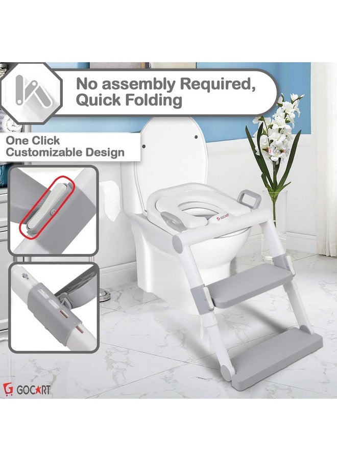 Baby Foldable Potty-Trainer Seat For Toilet Potty Stand With Ladder Step Up Training Stool With Non-Slip Steps Ladder Adjustable Foldable For Boys Girls Toddlers Kids (Grey)