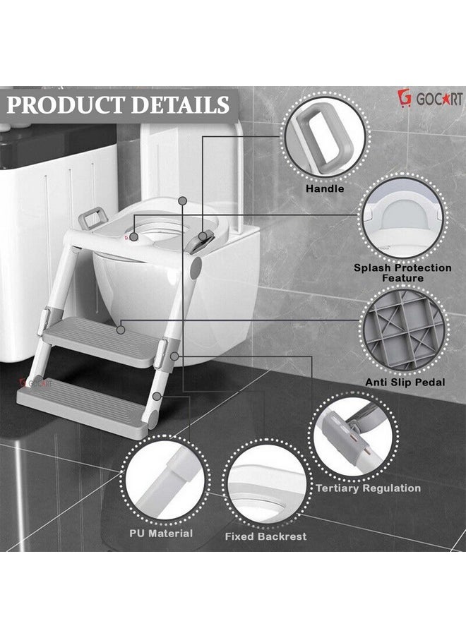 Baby Foldable Potty-Trainer Seat For Toilet Potty Stand With Ladder Step Up Training Stool With Non-Slip Steps Ladder Adjustable Foldable For Boys Girls Toddlers Kids (Grey)