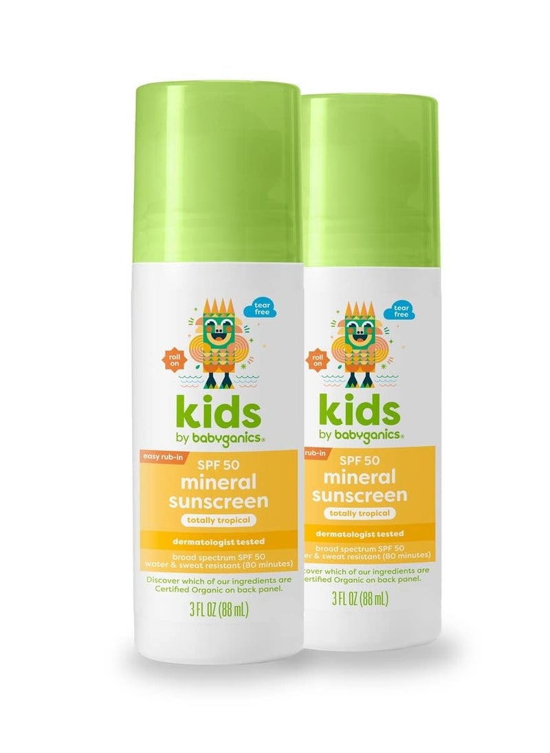 Babyganics SPF 50 Kids Mineral Sunscreen Roller Ball, Totally Tropical | UVA UVB Protection | Octinoxate & Oxybenzone Free | Water Resistant | 2 Pack (3 ounce)