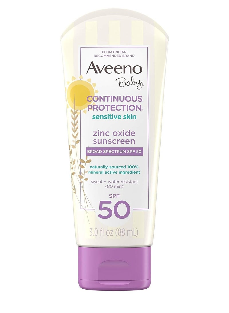 Aveeno Baby Continuous Protection Zinc Oxide Mineral Sunscreen Lotion for Sensitive Skin, Broad Spectrum SPF 50, Tear-Free, Sweat- & Water-Resistant, Paraben-Free, Travel-Size, 3 fl. Oz