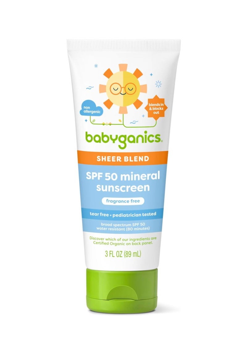 Babyganics SPF 50 Mineral Sunscreen Lotion, Sheer Blend, UVA UVB Protection, Octinoxate & Oxybenzone Free, Water Resistant, Fragrance Free, 3 oz