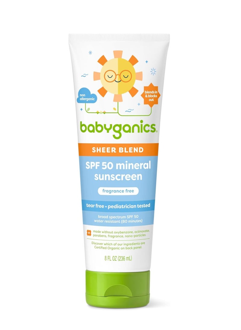 Babyganics SPF 50 Mineral Sunscreen Lotion, Sheer Blend, UVA UVB Protection, Octinoxate & Oxybenzone Free, Water Resistant, Fragrance Free, 8 oz