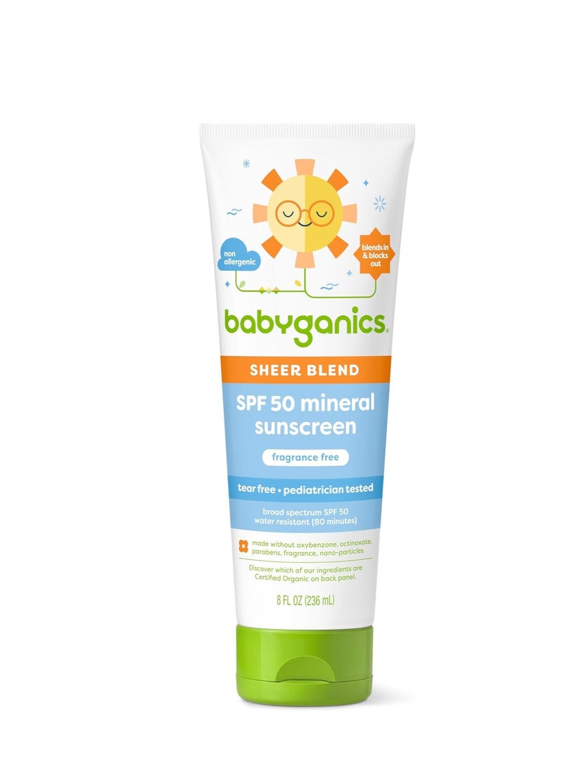 Babyganics SPF 50 Mineral Sunscreen Lotion, Sheer Blend, UVA UVB Protection, Octinoxate & Oxybenzone Free, Water Resistant, Fragrance Free, 8 oz