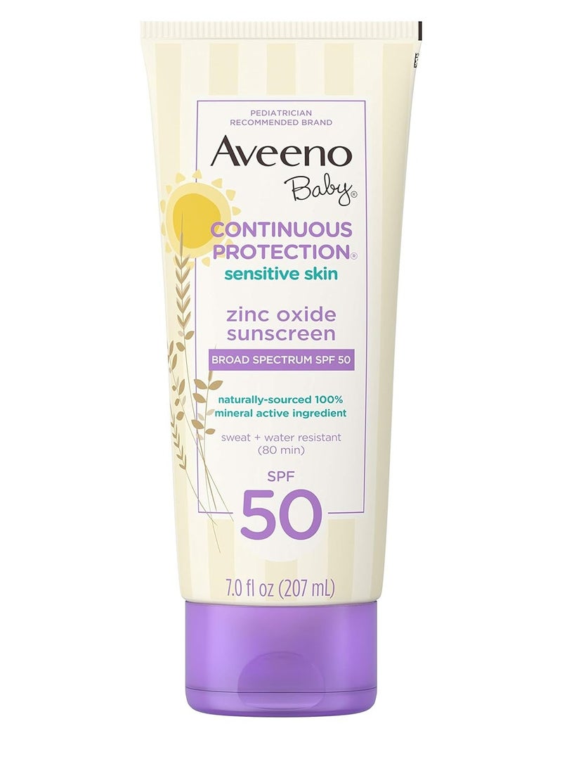 Aveeno Baby Continuous Protection Zinc Oxide Mineral Sunscreen Lotion for Sensitive Skin, Broad Spectrum SPF 50, Tear-Free, Sweat- & Water-Resistant, Paraben-Free, Non-Greasy, 7 fl. Oz