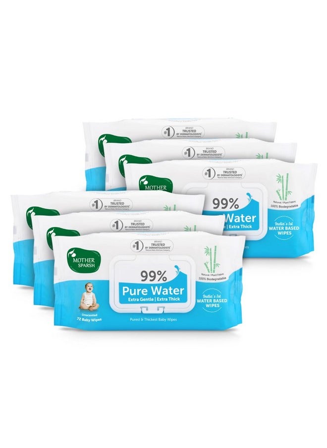 99% Pure Water (Unscented) Baby Wipes I Natural Plant Made Cloth - Super Thick I 72 Pcs/Pack - Pack Of 6 (Super Saver Pack)