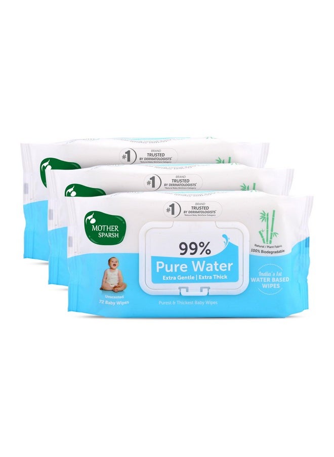 99% Pure Water (Unscented) Baby Wipes I Natural Plant Made Cloth - Super Thick I 72 Pcs/Pack - Pack Of 3