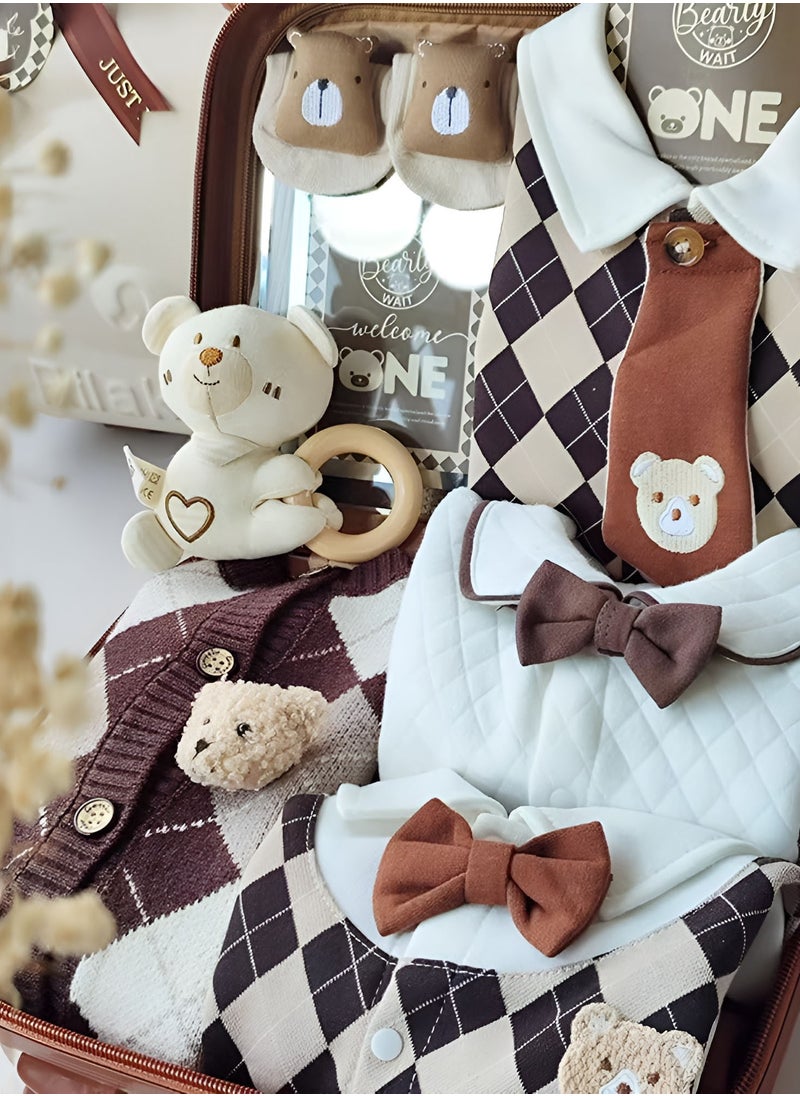 Newborn Baby Brown Bear Themed Baby Gift Set 0 to 3 Months with Rompers Sweater Chewing Toy and Keepsake Suitcase 10 in 1