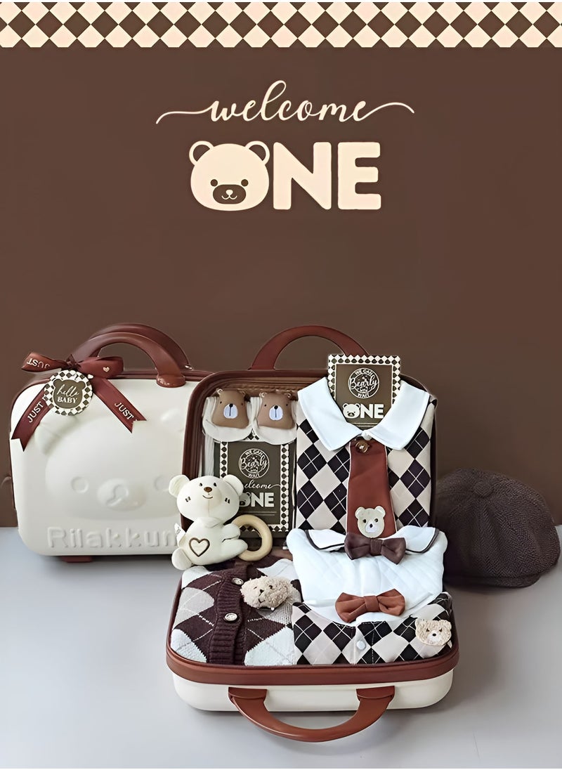 Newborn Baby Brown Bear Themed Baby Gift Set 0 to 3 Months with Rompers Sweater Chewing Toy and Keepsake Suitcase 10 in 1