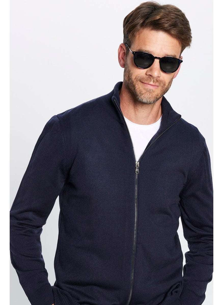 Men's Slim Fit Slim Cut Navy Blue Stand Collar Zippered Plain Cardigan