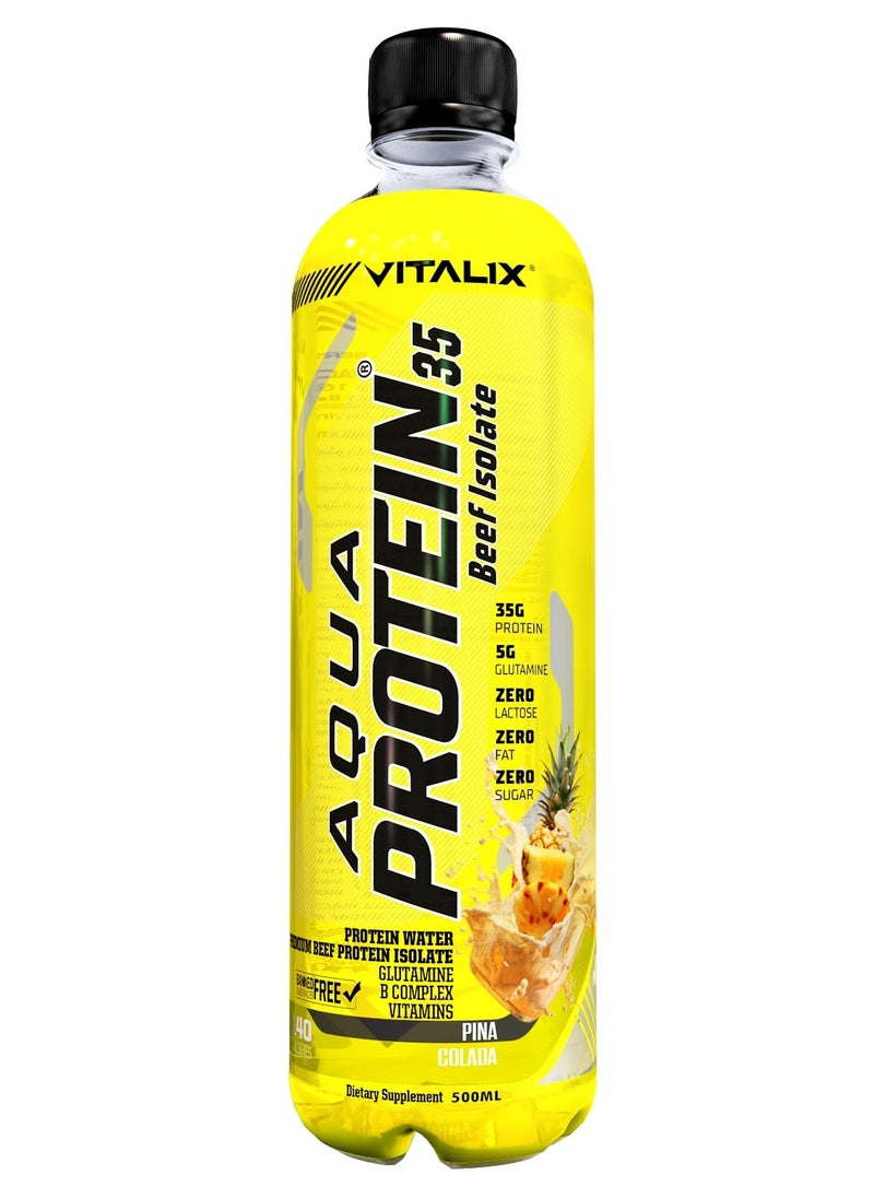 Aqua Protein 35 Beef Isolate Pina Colada - 35g Protein Water, 5g Glutamine, Vitamins B,Lactose Free, Sugar Free, Zero Fat - Protein Drink 500ml Pack of 12