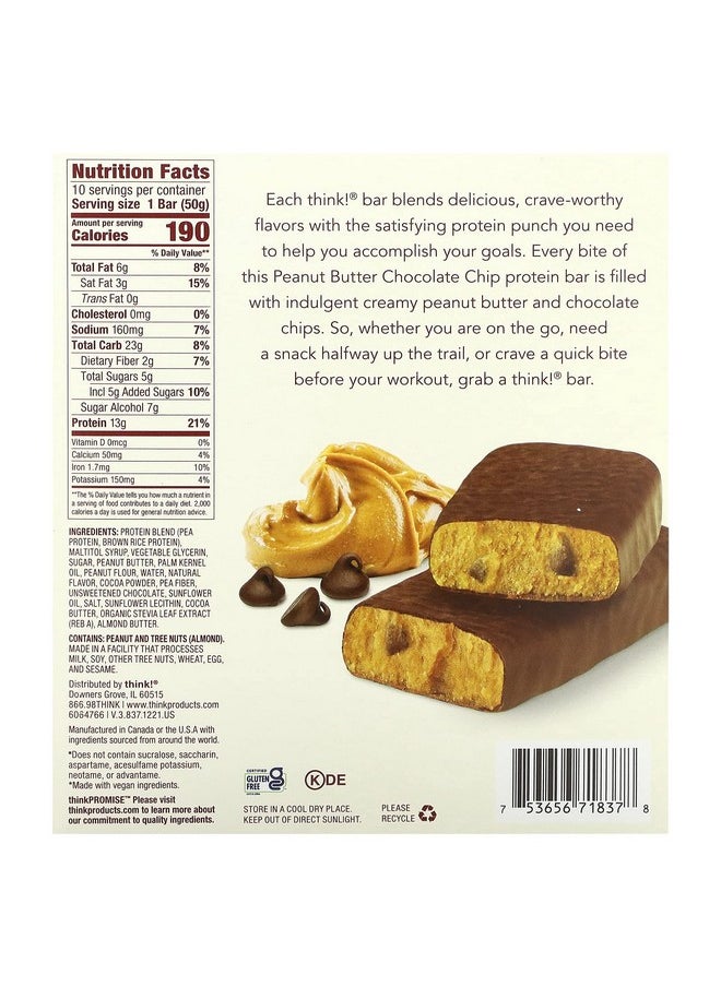 Vegan/Plant Based High Protein Bars Peanut Butter Chocolate Chip 13G Protein 5G Sugar No Artificial Sweeteners Non Gmo Project Verified 10 Count (Packaging May Vary)