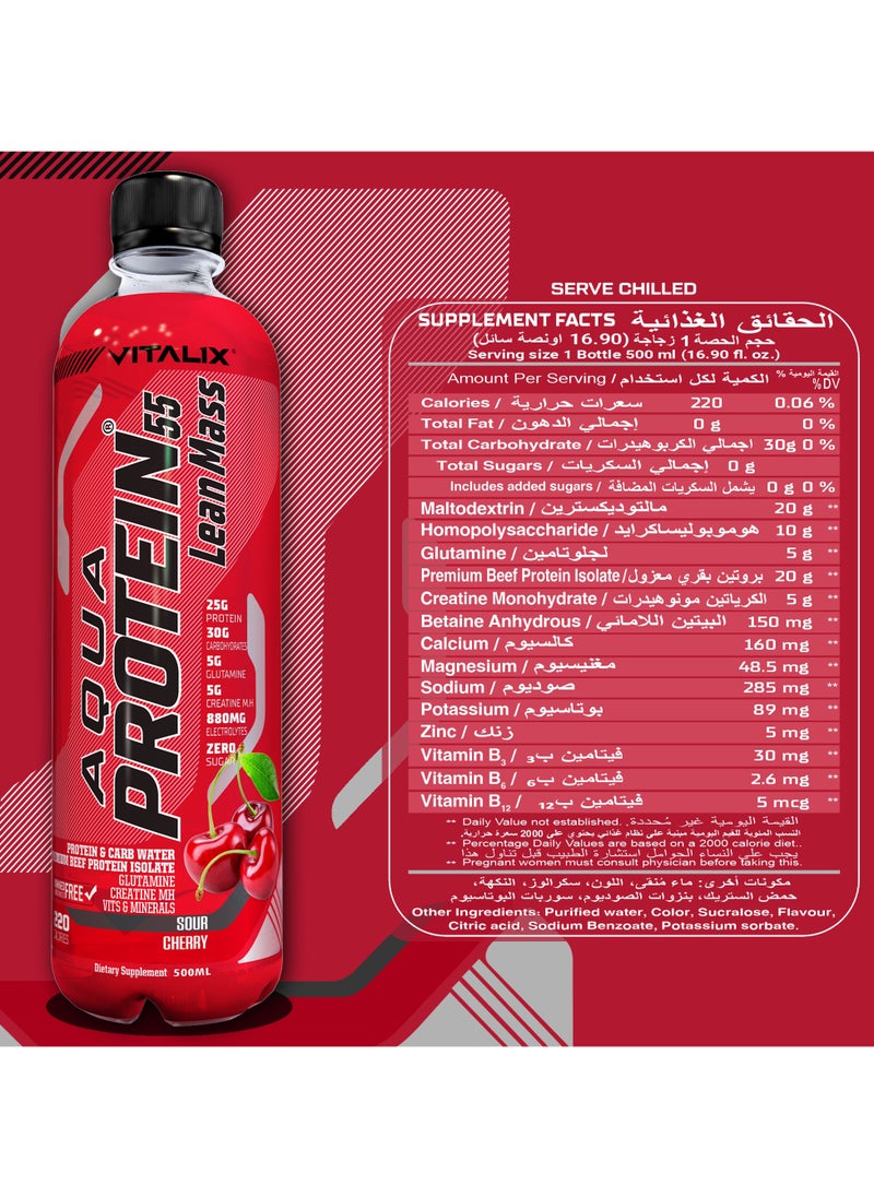 Aqua Protein 55 Lean Mass Sour Cherry Post Workout Drink – Protein Water with 25g Protein,30g Carbohydrates,5g Glutamine,5g Creatine Monohydrate,Zero Sugar,500ml Pack of 12