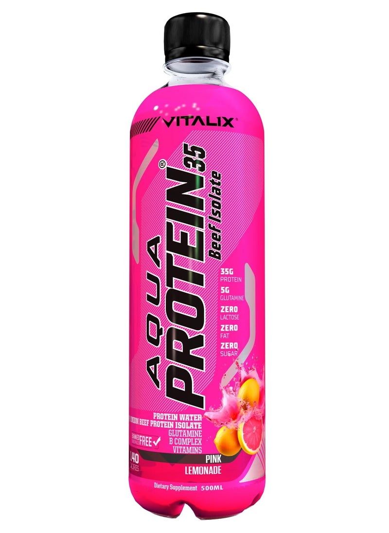 Aqua Protein 35 Beef Isolate Pink Lemonade - 35g Protein Water, 5g Glutamine, Vitamins B,Lactose Free, Sugar Free, Zero Fat - Protein Drink 500ml Pack of 12