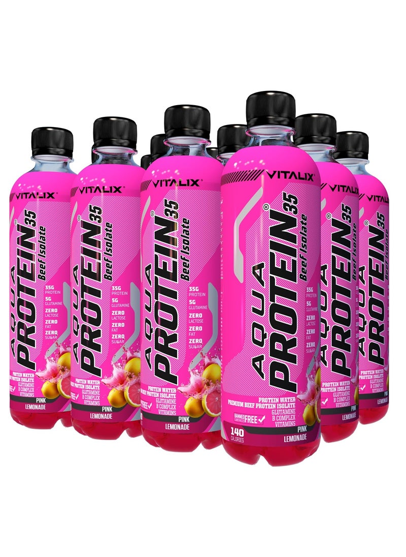 Aqua Protein 35 Beef Isolate Pink Lemonade - 35g Protein Water, 5g Glutamine, Vitamins B,Lactose Free, Sugar Free, Zero Fat - Protein Drink 500ml Pack of 12