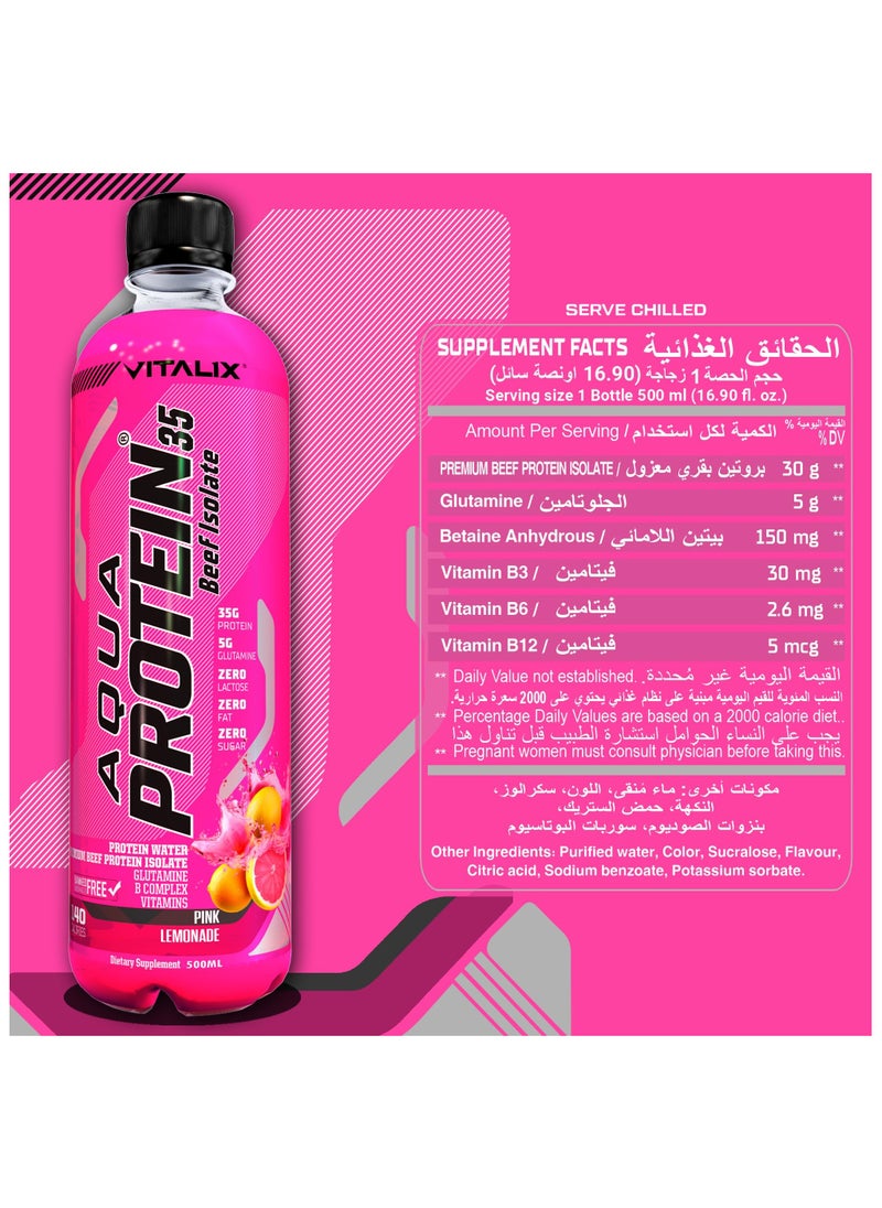 Aqua Protein 35 Beef Isolate Pink Lemonade - 35g Protein Water, 5g Glutamine, Vitamins B,Lactose Free, Sugar Free, Zero Fat - Protein Drink 500ml Pack of 12