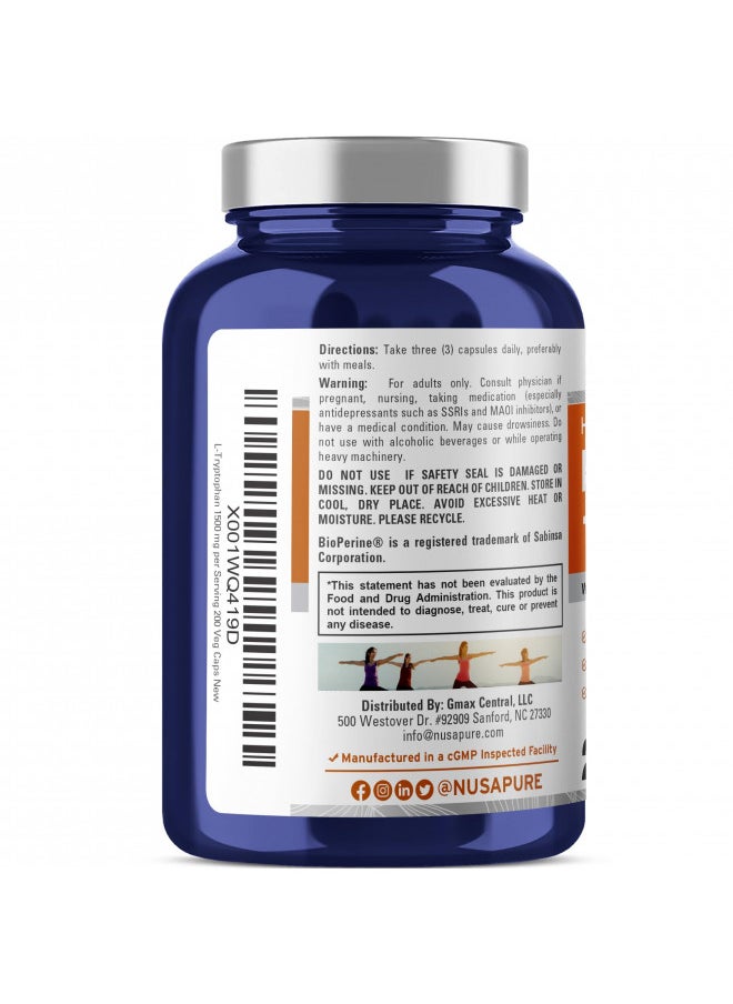 L Tryptophan 1500Mg 200 Vegetarian Caps Non Gmo Vegan Bioperine