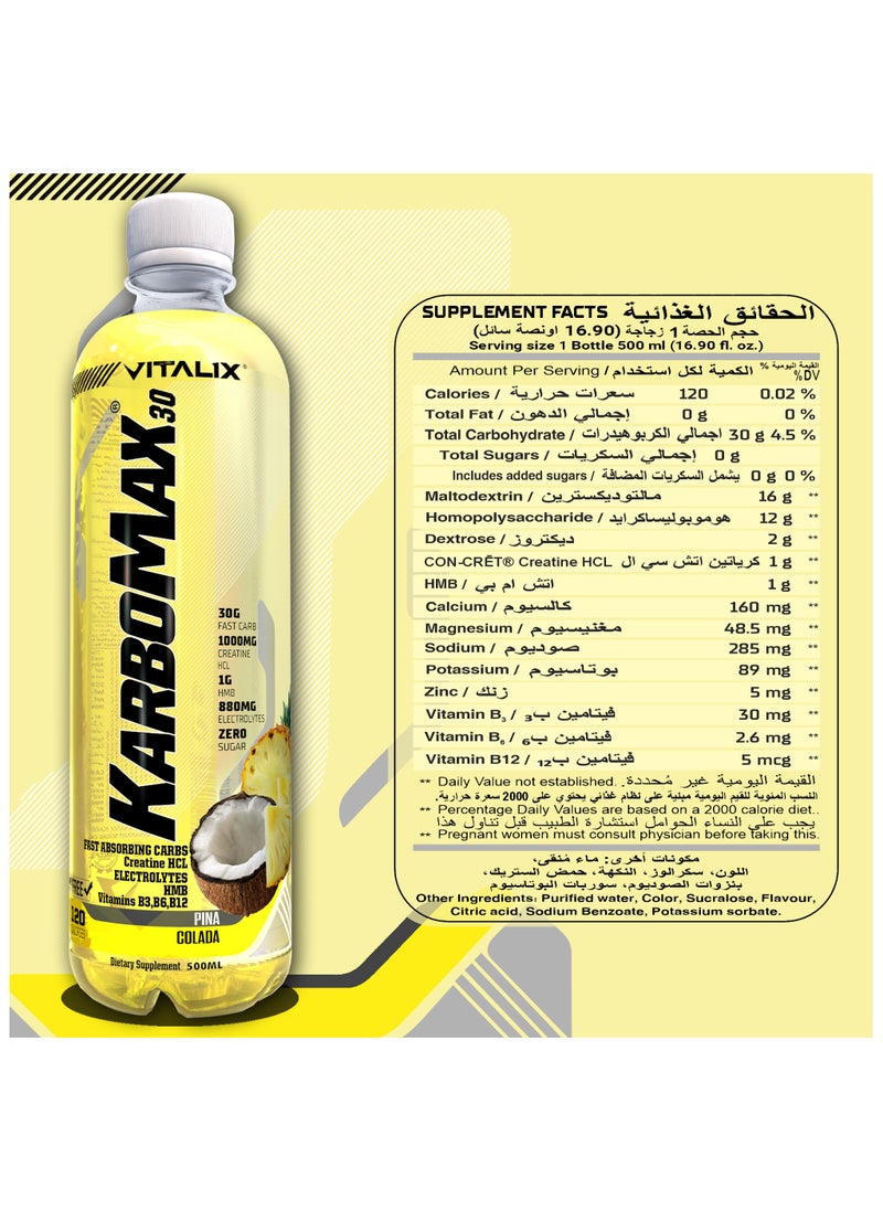 KarboMax 30 Pina Colada - Fast Carb Drink with 30g Carbs, 1000mg HCL Creatine, 1g HMB, 880mg Electrolytes, Vitamins B, Zero Sugar, 500ml Pack of 12