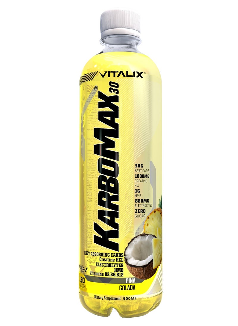KarboMax 30 Pina Colada - Fast Carb Drink with 30g Carbs, 1000mg HCL Creatine, 1g HMB, 880mg Electrolytes, Vitamins B, Zero Sugar, 500ml Pack of 12