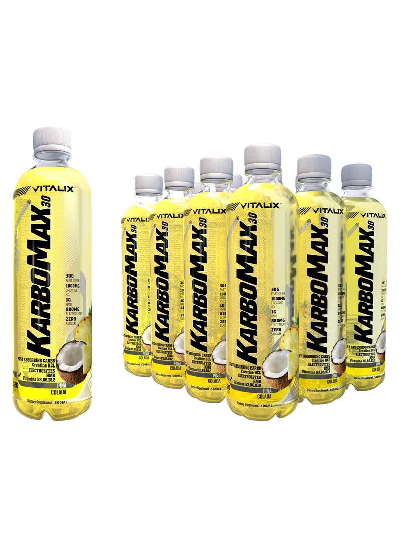 KarboMax 30 Pina Colada - Fast Carb Drink with 30g Carbs, 1000mg HCL Creatine, 1g HMB, 880mg Electrolytes, Vitamins B, Zero Sugar, 500ml Pack of 12