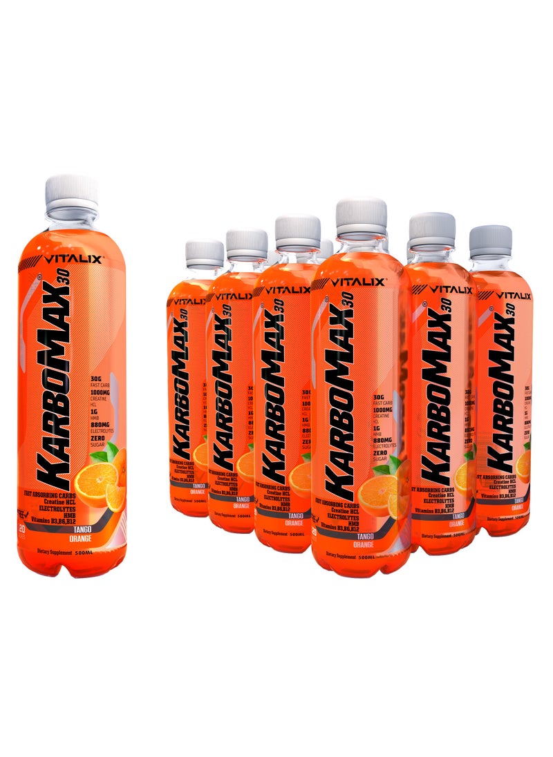 Vitalix KarboMax 30 Tango Orange - Fast Carb Drink with 30g Carbs, 1000mg HCL Creatine, 1g HMB, 880mg Electrolytes, Vitamins B, Zero Sugar, 500ml Pack of 12