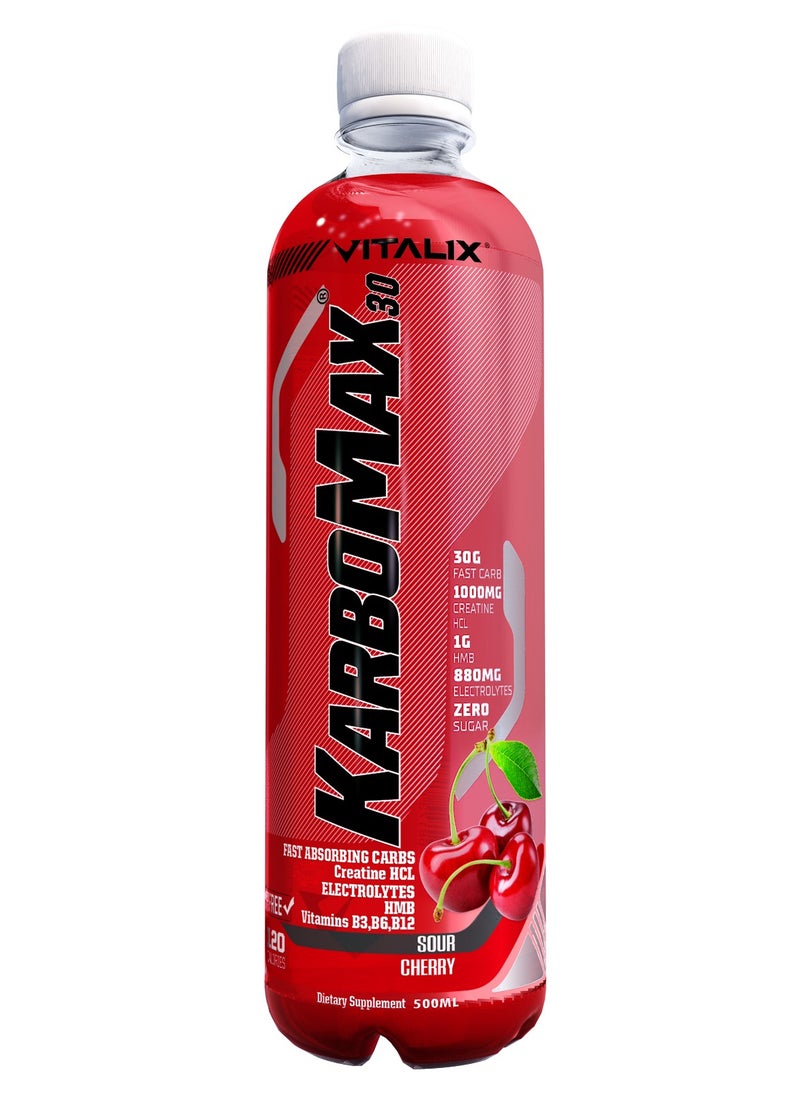 KarboMax 30 Sour Cherry - Fast Carb Drink with 30g Carbs, 1000mg HCL Creatine, 1g HMB, 880mg Electrolytes, Vitamins B, Zero Sugar, 500ml Pack of 12