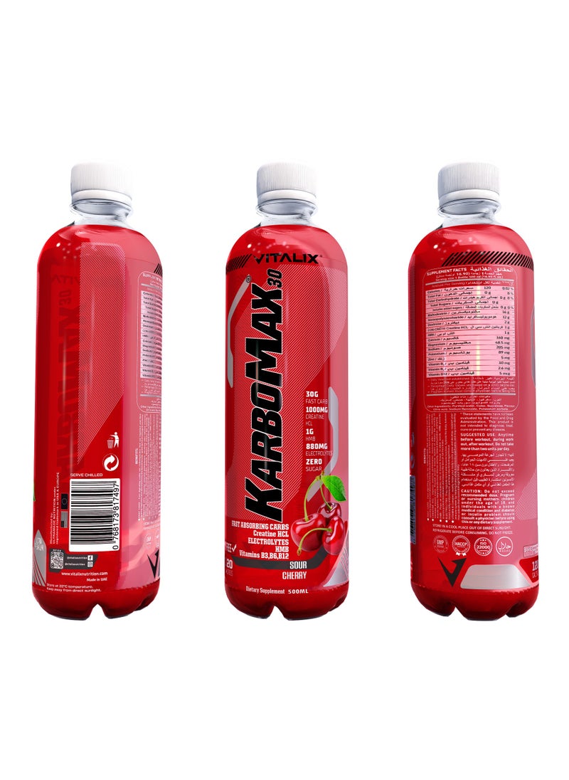 KarboMax 30 Sour Cherry - Fast Carb Drink with 30g Carbs, 1000mg HCL Creatine, 1g HMB, 880mg Electrolytes, Vitamins B, Zero Sugar, 500ml Pack of 12