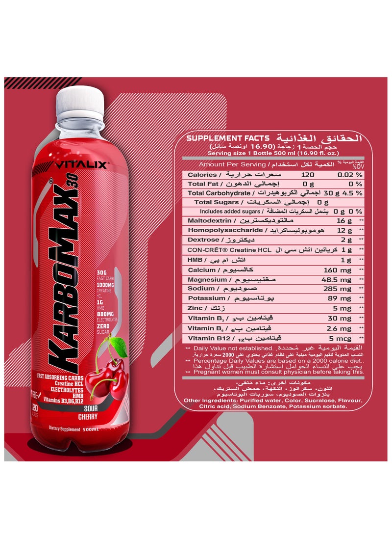 KarboMax 30 Sour Cherry - Fast Carb Drink with 30g Carbs, 1000mg HCL Creatine, 1g HMB, 880mg Electrolytes, Vitamins B, Zero Sugar, 500ml Pack of 12