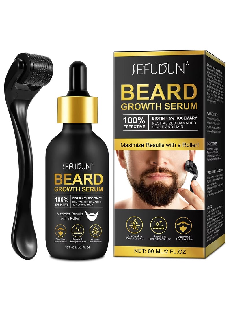 60ml Beard Growth Serum with Microneedle Roller Biotin + 5% Rosemary Beard Growth Oil with 0.25mm Micro Needle Roller Beard Growth Biotin Serum for Thicker Fuller Beard Growth Kit Beard Oil