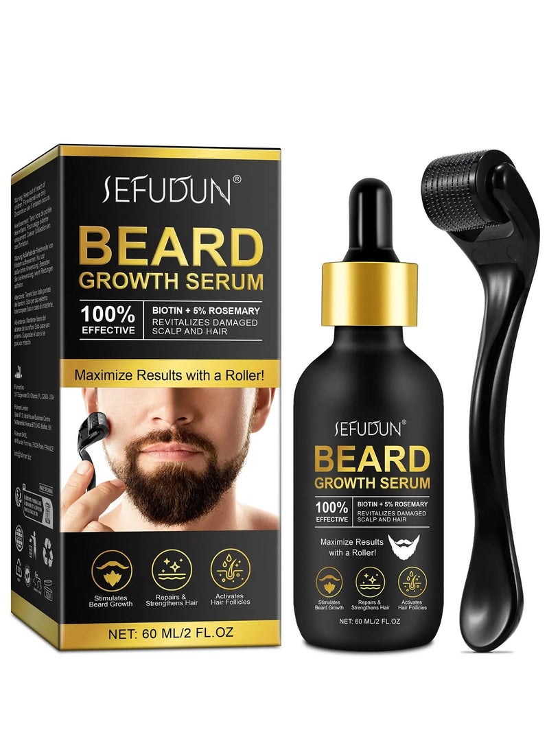 60ml Beard Growth Serum with Microneedle Roller Biotin + 5% Rosemary Beard Growth Oil with 0.25mm Micro Needle Roller Beard Growth Biotin Serum for Thicker Fuller Beard Growth Kit Beard Oil