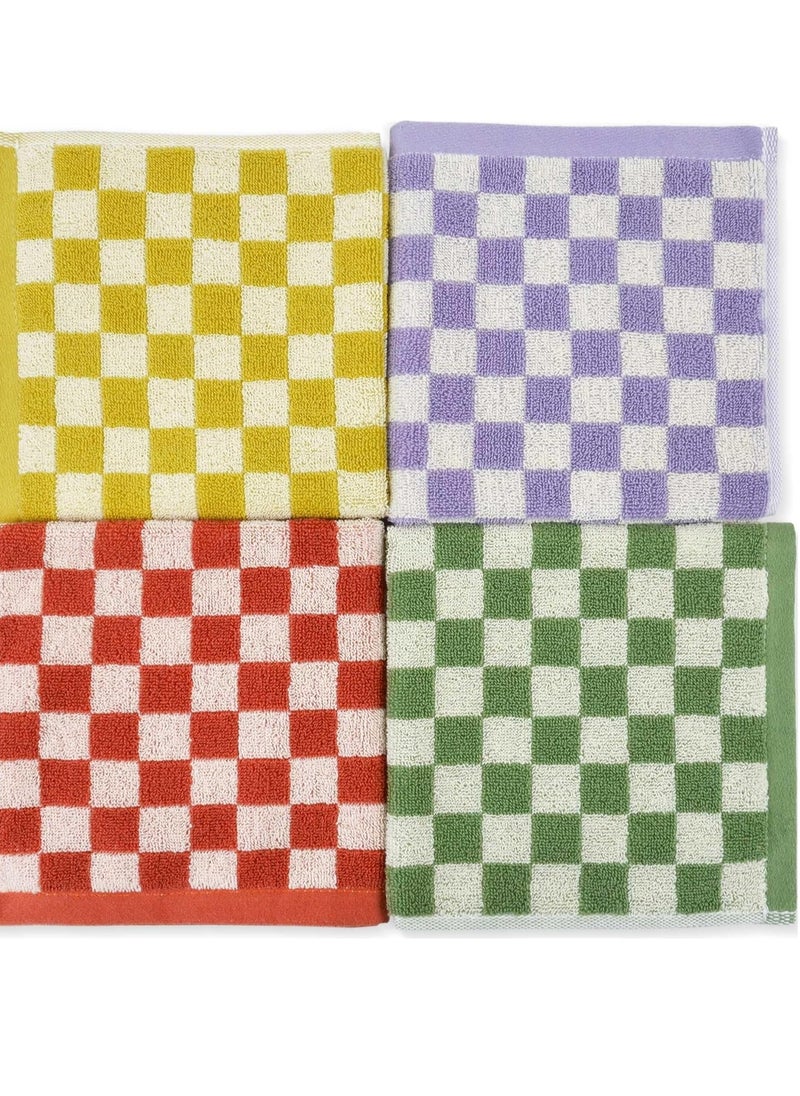 Wash Cloths Cotton Checkered 4 Pack 4 Colors - Bathroom Washcloths for Face Body, 13 x 13 Inches Daily Cleansing Towels