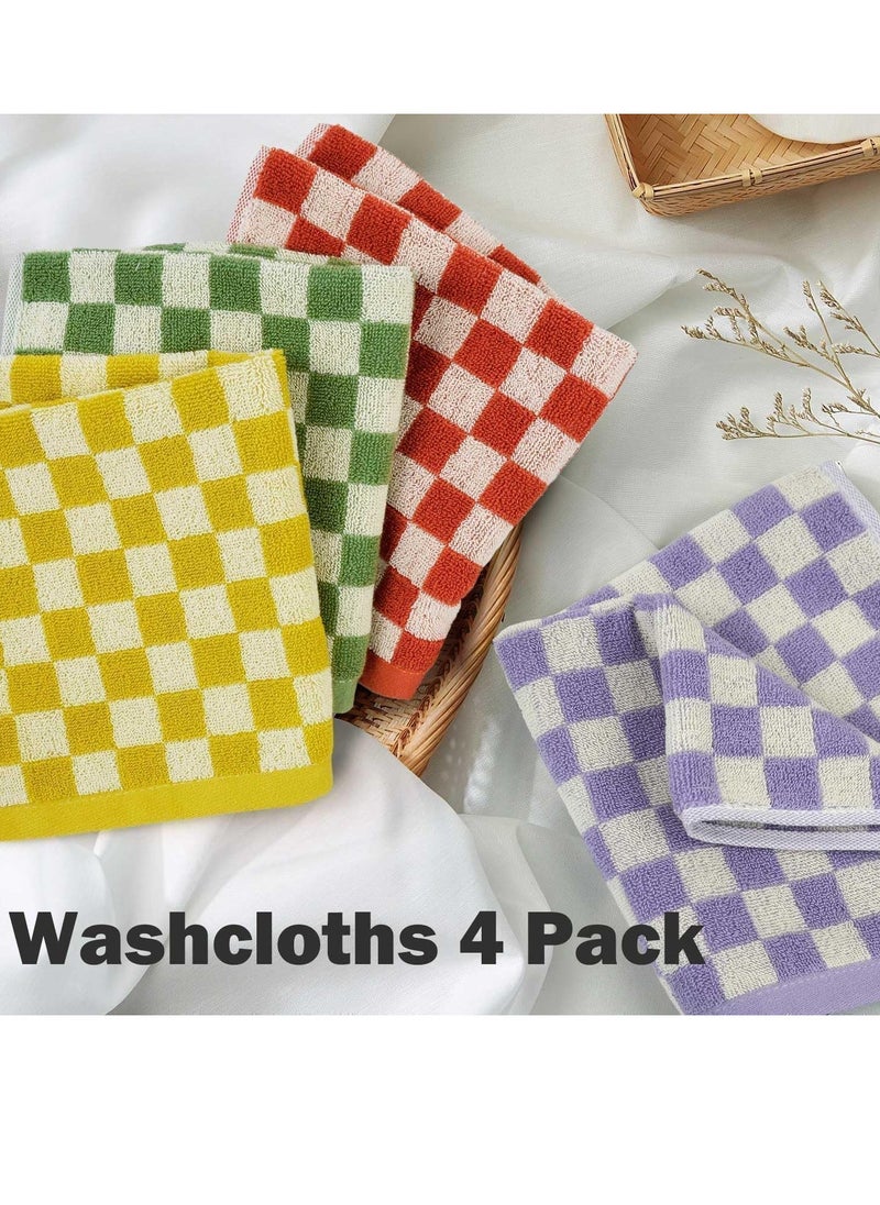 Wash Cloths Cotton Checkered 4 Pack 4 Colors - Bathroom Washcloths for Face Body, 13 x 13 Inches Daily Cleansing Towels