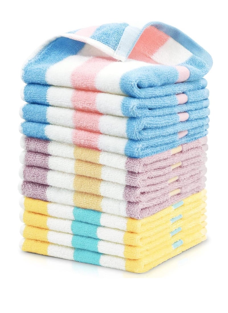 Jacquotha Cotton 12 Pack Striped Washcloths, 13 x 13 Inches, 3 Colors - Face and Body Cleansing Towels