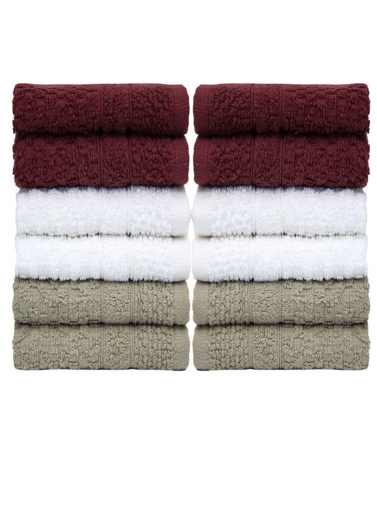 PH Pleasant Home Wash Cloths Set - 12 Pack (12” x 12”) – 509 GSM- 100% Ring Spun Cotton Wash Cloth - Super Soft and Highly Absorbent Face Towels (Maroon, White & Tan, Checker Design)